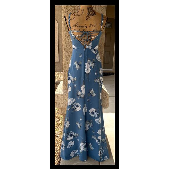 Lulus Feeling Elegant Slate Blue Floral Print Lace-Up Slit Maxi Dress Size S - Picture 5 of 7